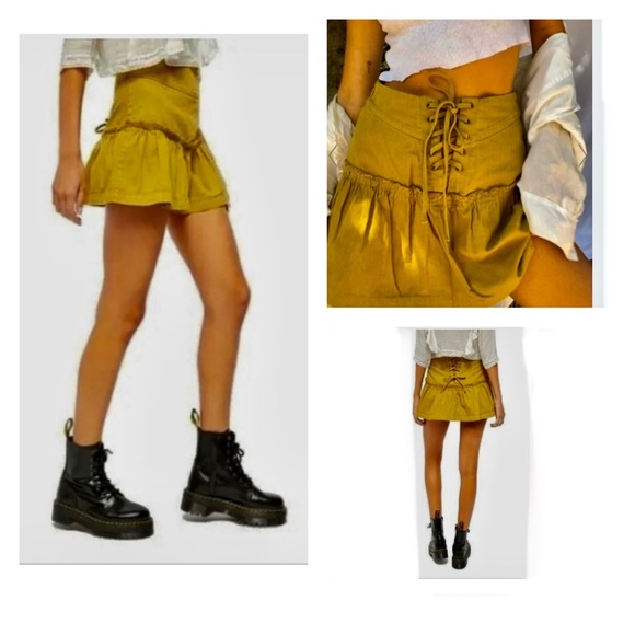 Free People Skirt Lace Up Back Khaki Frilled Women’s Size 0 Side zip - Picture 2 of 13